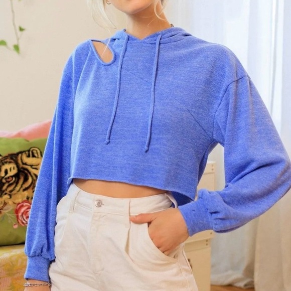 Tops - Blue Cropped Cut Out Hoodie
